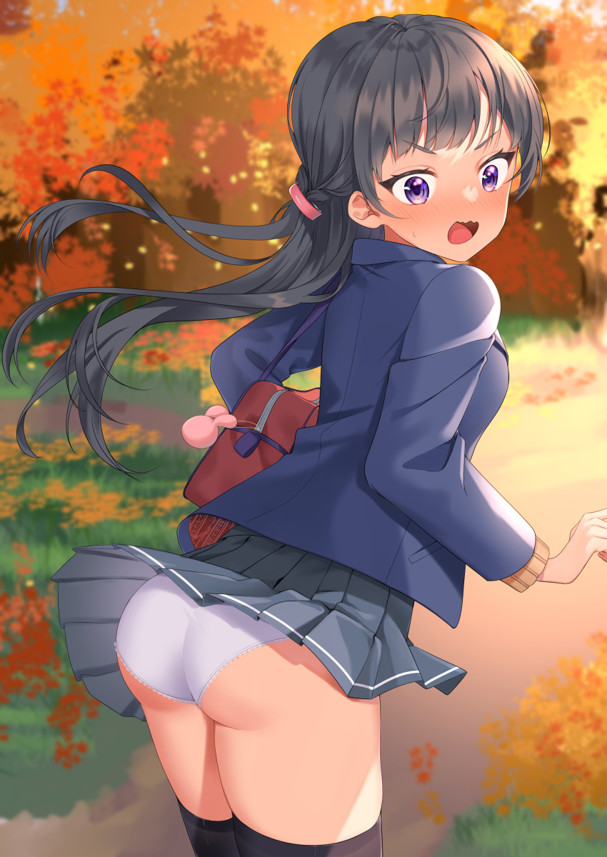 1girl, absurdres, ass, autumn, autumn_leaves, bag, bag_charm, bangs