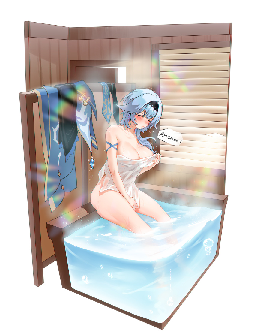 1girl, bangs, black_hairband, blush, breasts, bugie, closed_eyes, clothing_aside