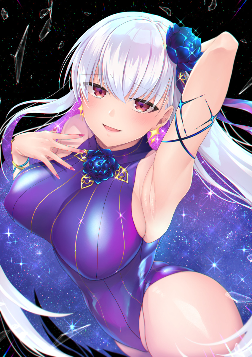 1girl, arm_behind_head, arm_up, armpits, bangs, bare_shoulders, black_background, blue_hair