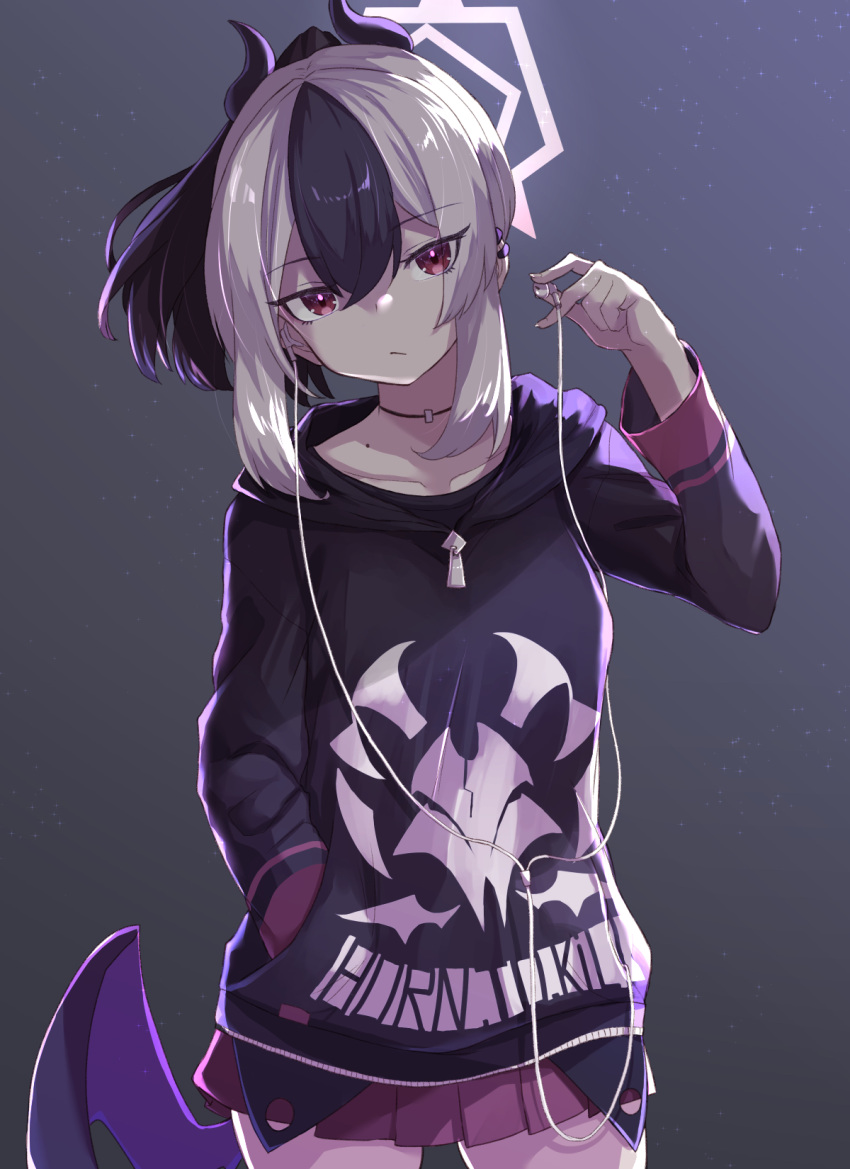 1girl, black_hair, black_hoodie, blue_archive, closed_mouth, collarbone, commentary_request, cowboy_shot