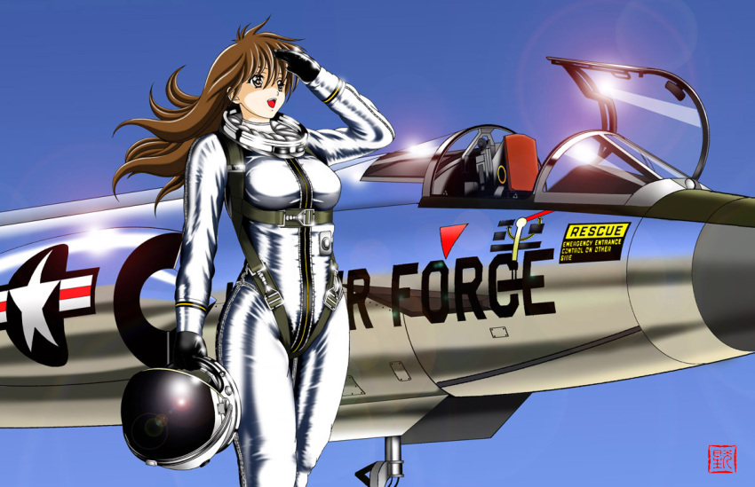 america, brown_hair, budspedy, f-104, flightsuit, geitassha, gradient, gradient_background, headwear_removed, helmet, helmet_removed, jet, long_hair, military, original, pilot_suit, salute, shiny, solo, the_right_stuff