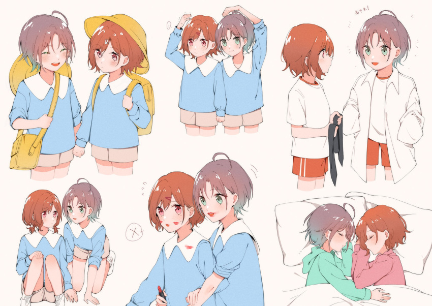 2girls, ahoge, asakura_tooru, blue_hair, cowboy_shot, facing_another, flying_sweatdrops, friends