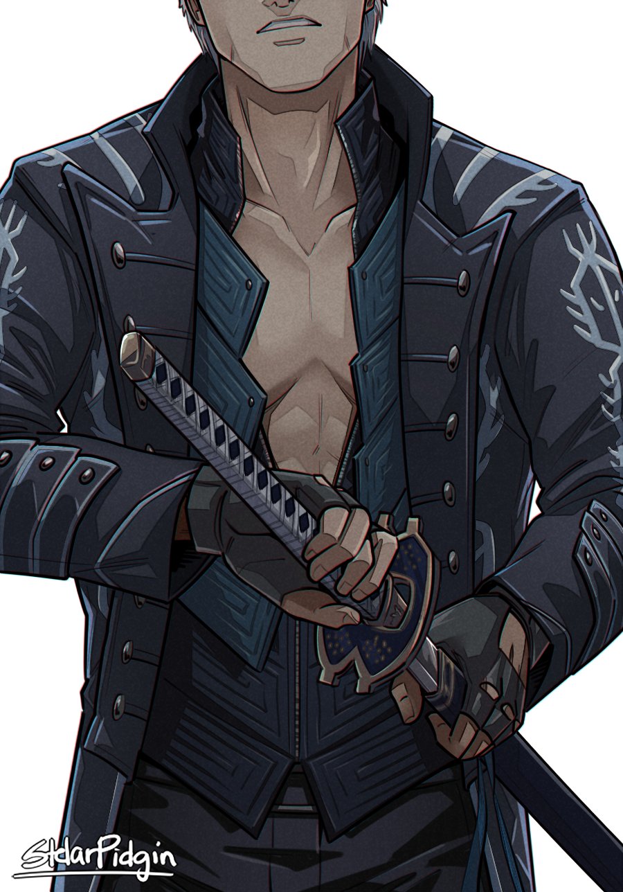 1boy, artist_name, black_coat, black_gloves, black_pants, blue_shirt, coat, devil_may_cry_(series)