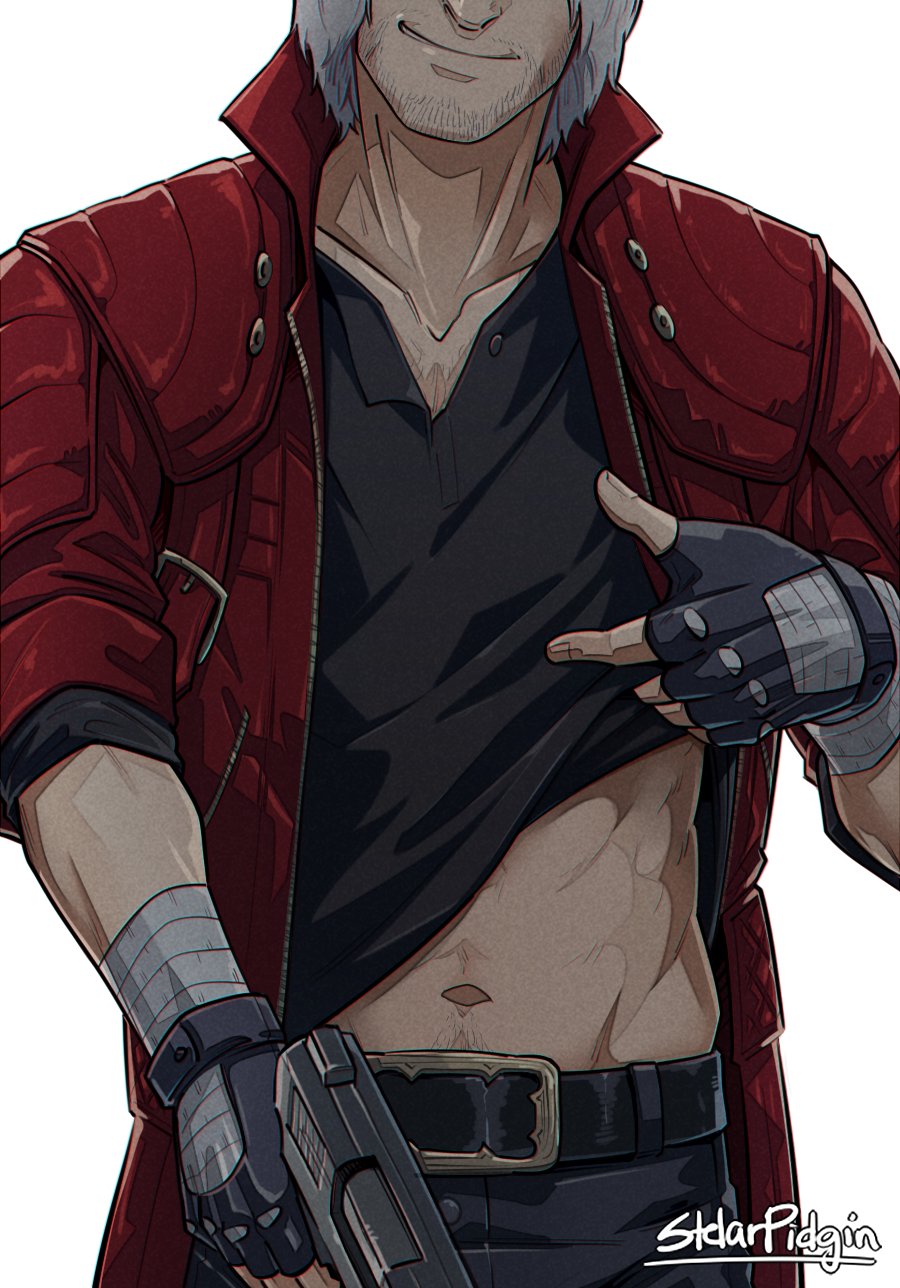 1boy, artist_name, bandaged_hands, bandages, beard, belt, black_gloves, black_pants