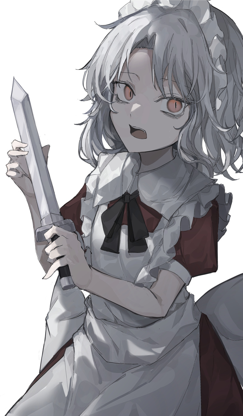 1girl, absurdres, alternate_eye_color, alternate_hair_color, apron, bangs, collared_shirt, dagger