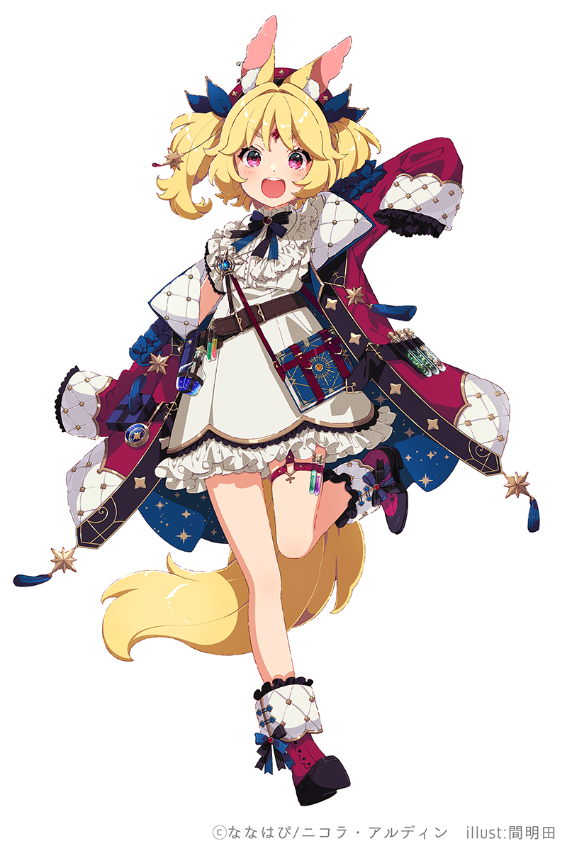 1girl, aldin_nicola, animal_ear_fluff, animal_ears, bangs, blonde_hair, book, boots, commentary_request, dress, eyebrows_visible_through_hair, forehead_jewel, frilled_dress, frills, full_body, highres, indie_virtual_youtuber, jacket, long_sleeves, mamyouda, official_art, open_clothes, open_jacket, purple_footwear, purple_jacket, short_eyebrows, simple_background, sleeves_past_fingers, sleeves_past_wrists, solo, standing, standing_on_one_leg, tail, thick_eyebrows, twintails, v-shaped_eyebrows, vial, violet_eyes, virtual_youtuber, watermark, white_background, white_dress