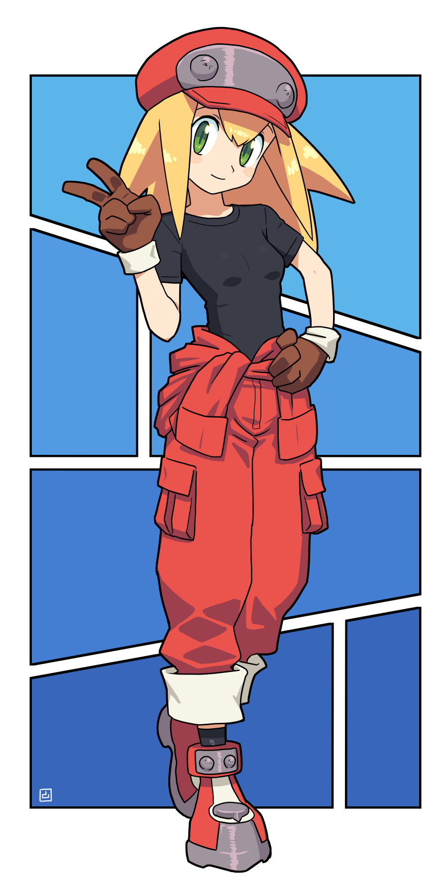 1girl, bangs, black_legwear, black_shirt, blonde_hair, breasts, brown_gloves, cabbie_hat