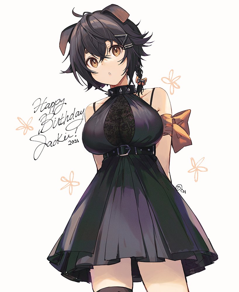 1girl, :o, alternate_costume, animal_ears, arknights, arm_ribbon, arms_behind_back, bangs