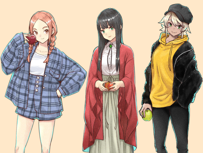 3girls, apple, black_hair, brown_hair, chromatic_aberration, cloak, commentary_request, dark-skinned_female