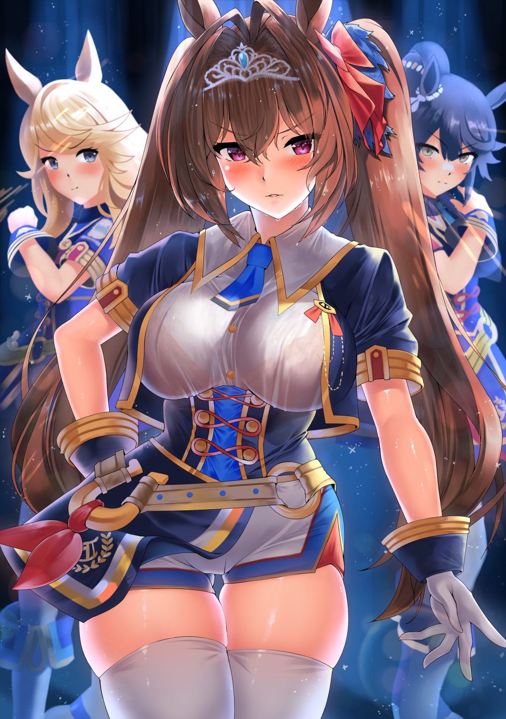 3girls, animal_ears, bangs, belt, black_hair, blonde_hair, blue_eyes, blush