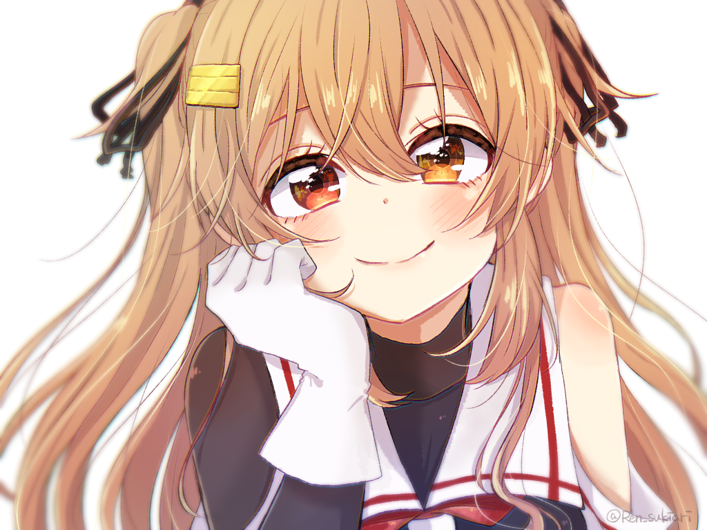 1girl, asymmetrical_clothes, black_serafuku, brown_eyes, commentary_request, gloves, hair_flaps, hair_ornament