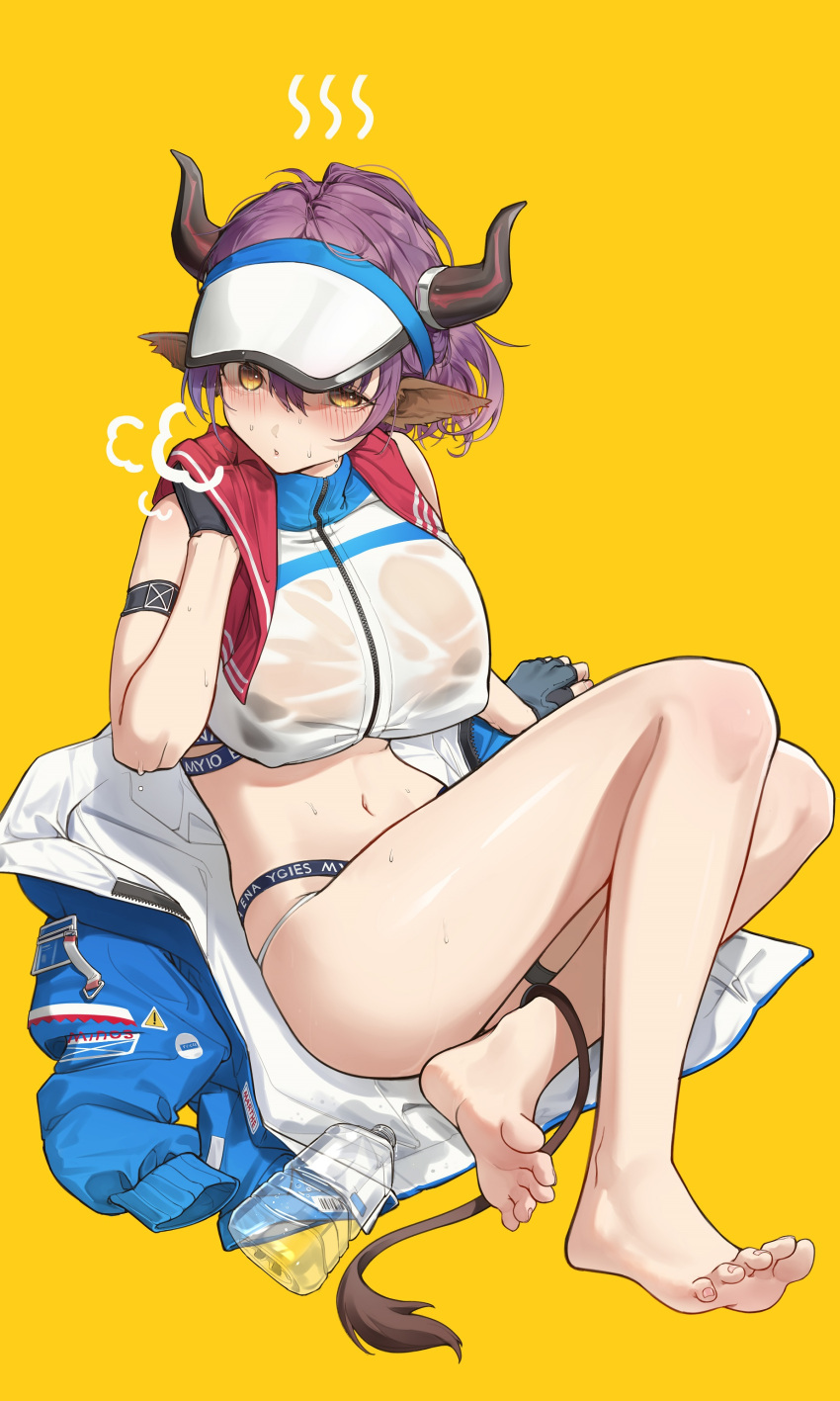 1girl, absurdres, animal_ears, arknights, bare_legs, barefoot, blue_jacket, blush