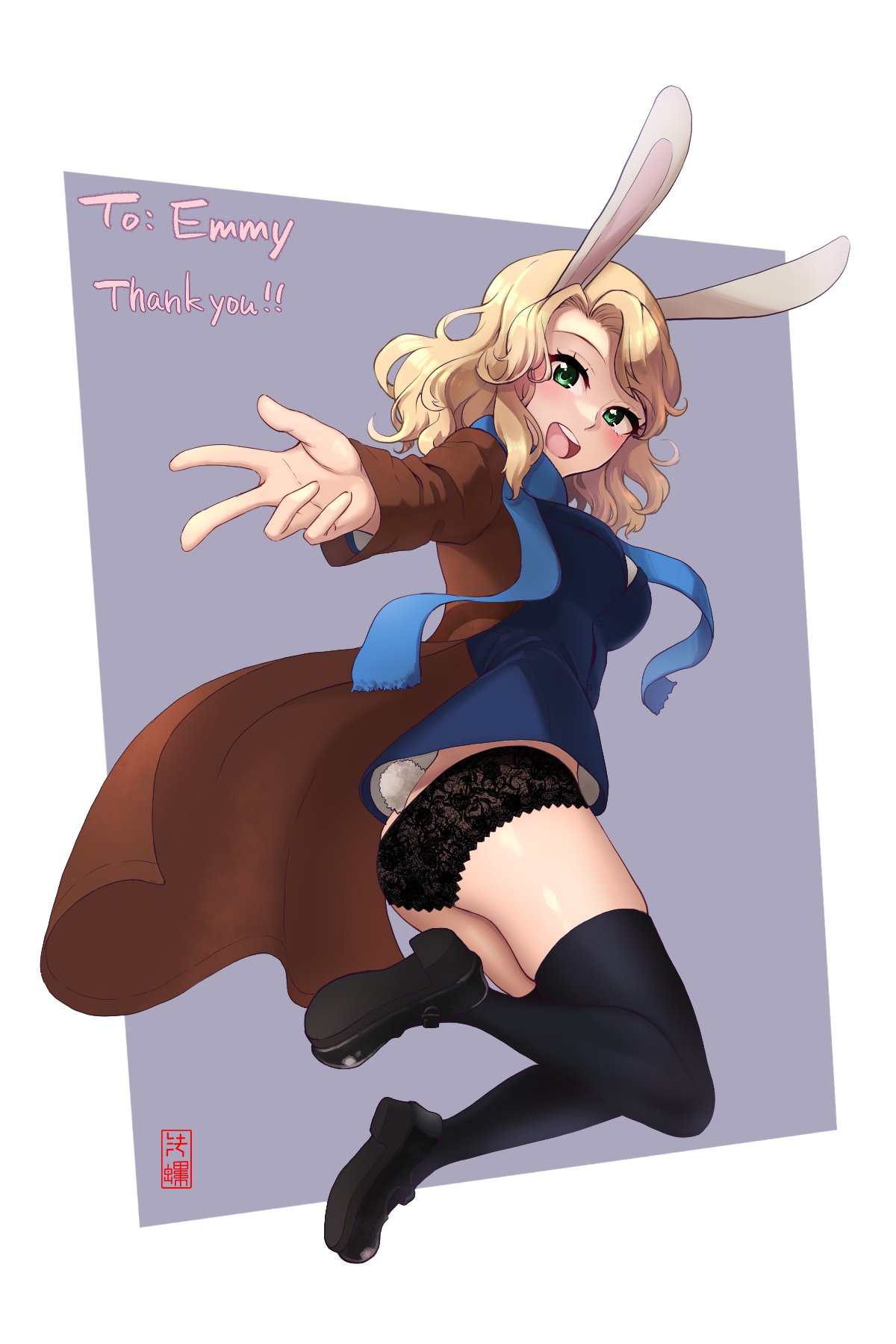 1girl, animal_ears, black_legwear, blonde_hair, breasts, commission, emmanuelle_love, full_body