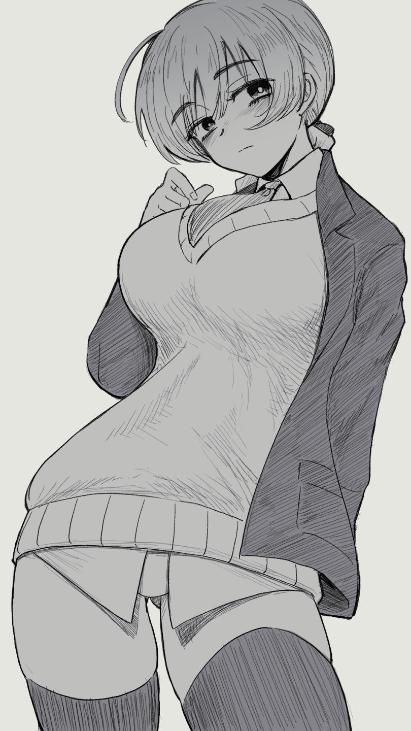 1girl, ahoge, braid, braided_ponytail, breasts, frown, greyscale, highres, hora_liar, jacket, large_breasts, liar_lawyer, long_hair, looking_at_viewer, lynette_bishop, military, military_jacket, military_uniform, monochrome, necktie, panties, shirt, strike_witches, sweater, thigh-highs, underwear, uniform, white_panties, world_witches_series