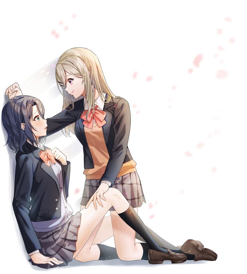2girls, adachi_sakura, adachi_to_shimamura, blonde_hair, blue_cardigan, bow, brown_sweater, cardigan, highres, k2h, kabedon, long_hair, miniskirt, multiple_girls, red_bow, shimamura_hougetsu, shirt, short_hair, skirt, sweater, white_shirt, yuri