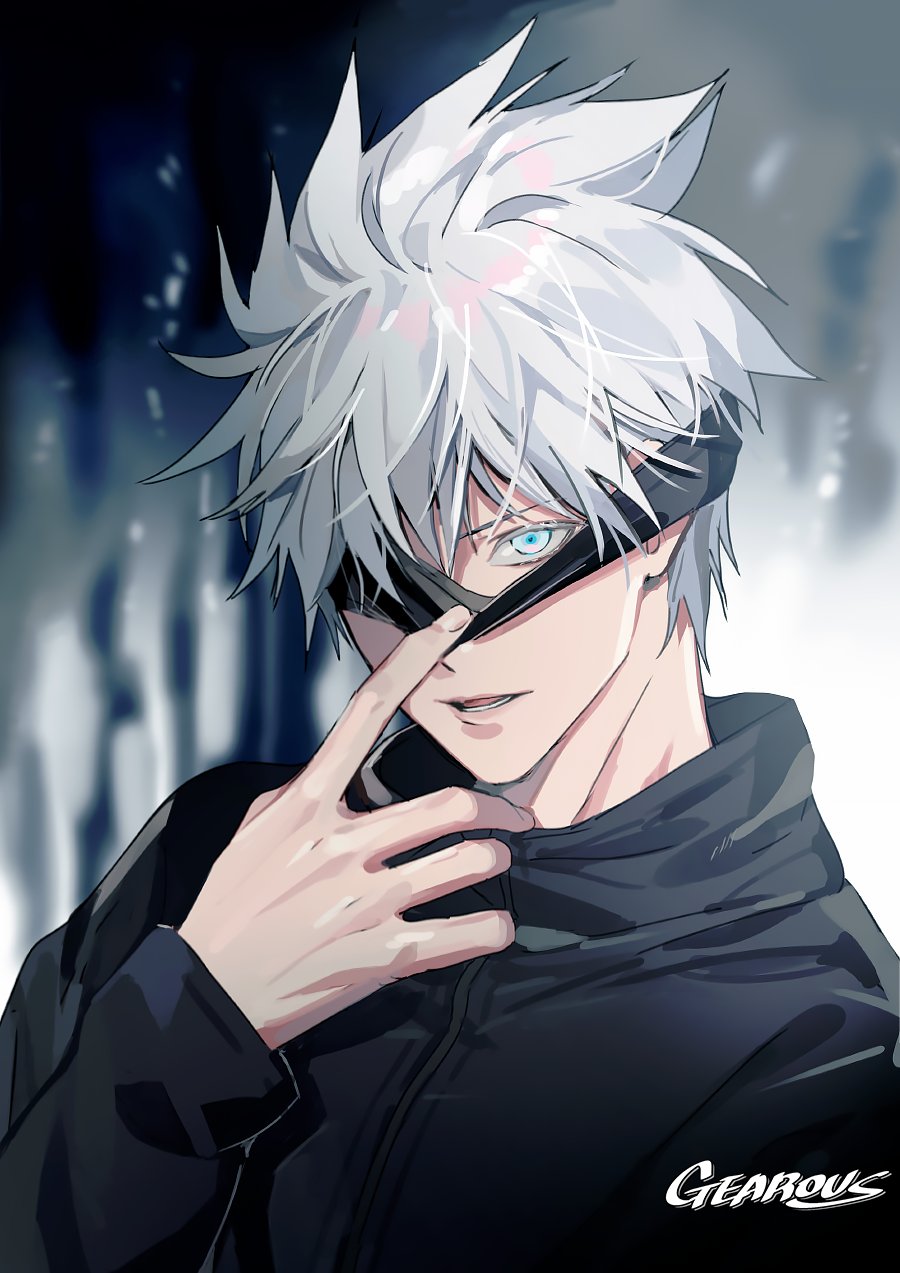 1boy, artist_name, bangs, black_blindfold, black_jacket, blindfold, blindfold_down, blue_eyes, gearous, gojou_satoru, high_collar, highres, jacket, jujutsu_kaisen, looking_at_viewer, male_focus, one_eye_covered, open_mouth, short_hair, solo, upper_body, white_hair