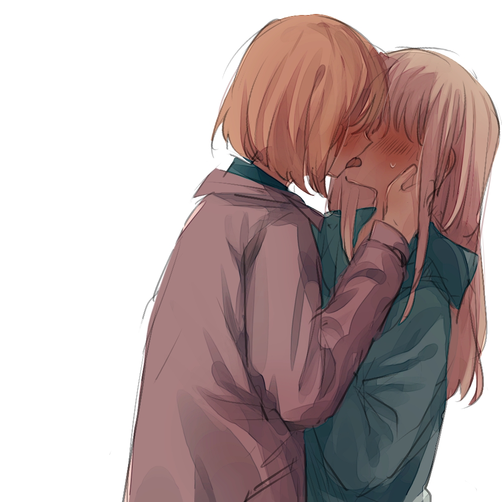 2girls, blonde_hair, blush, hand_on_another's_face, hidden_eyes, hood, hoodie, inuko_(ink0425)