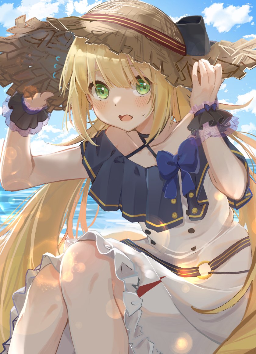 1girl, artoria_pendragon_(caster)_(fate), artoria_pendragon_(fate), blonde_hair, blush, bow, dress, fate/grand_order