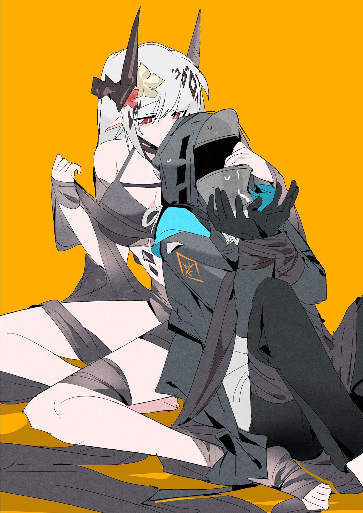 1boy, 1girl, arknights, bdsm, bikini, black_bikini, bondage, bound