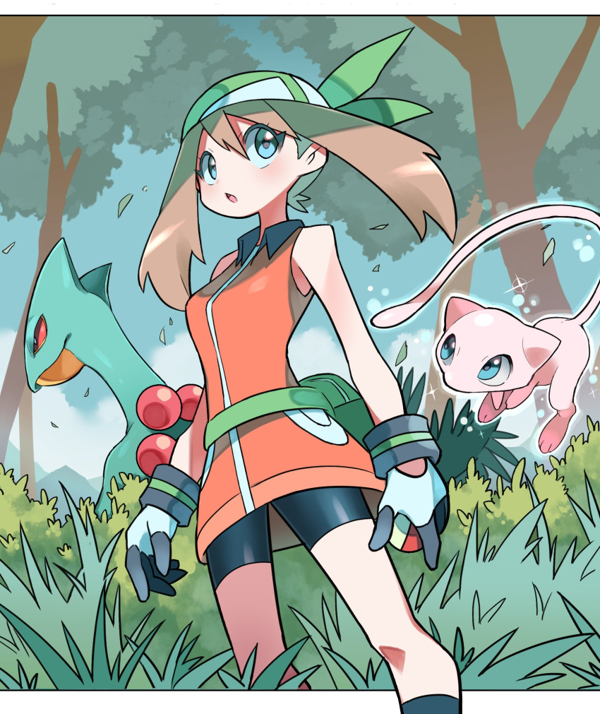 1girl, anniversary, bandana, bike_shorts, blue_eyes, breasts, bush, forest