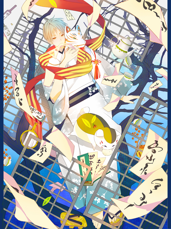 1boy, blonde_hair, cherry, food, fox_shadow_puppet, fruit, glass, japanese_clothes
