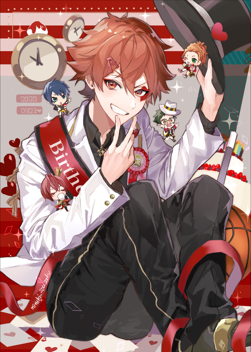 5boys, absurdres, ace_trappola, artist_name, ball, bangs, black_pants, black_shirt