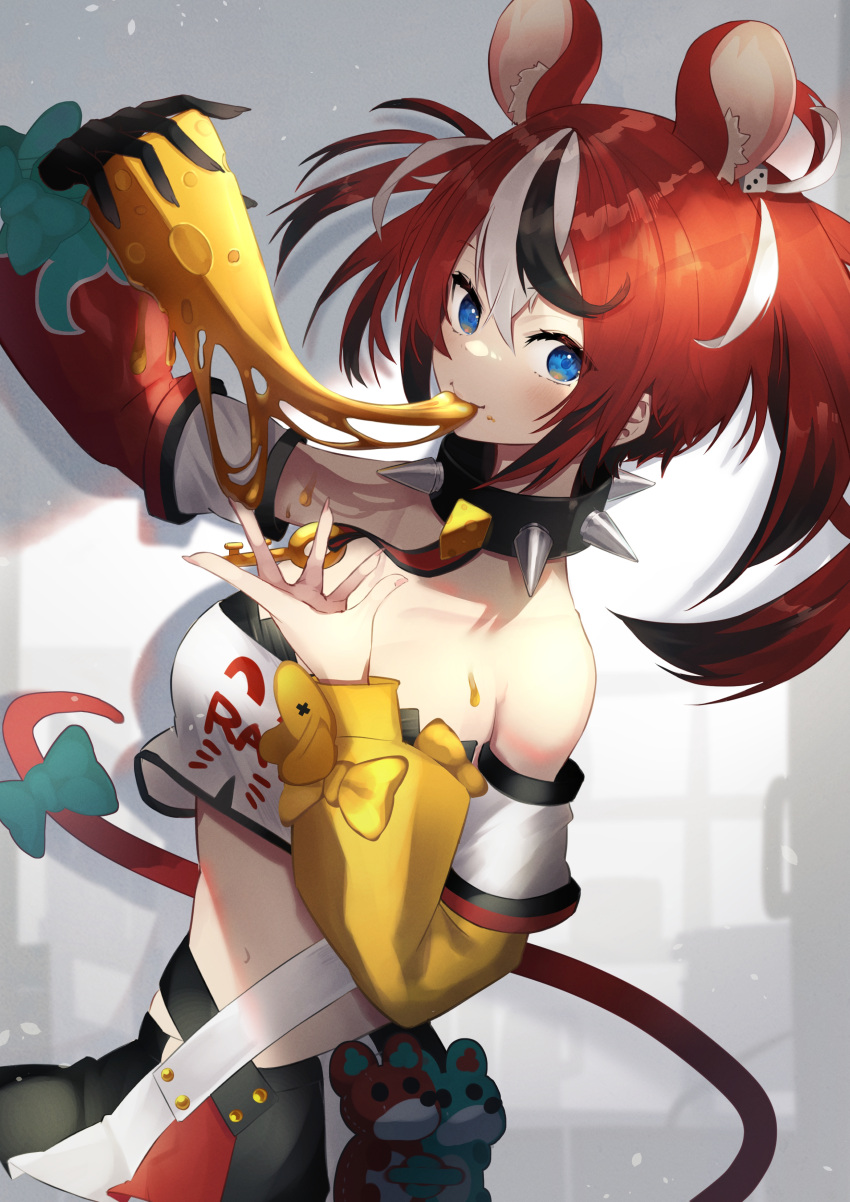 1girl, absurdres, animal_ears, bare_shoulders, black_hair, black_skirt, blue_eyes, breasts