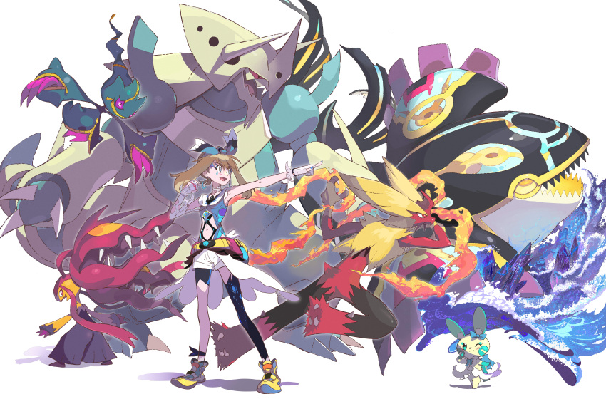 1girl, absurdres, adapted_costume, aggron, banette, bangs, black_legwear, blaziken