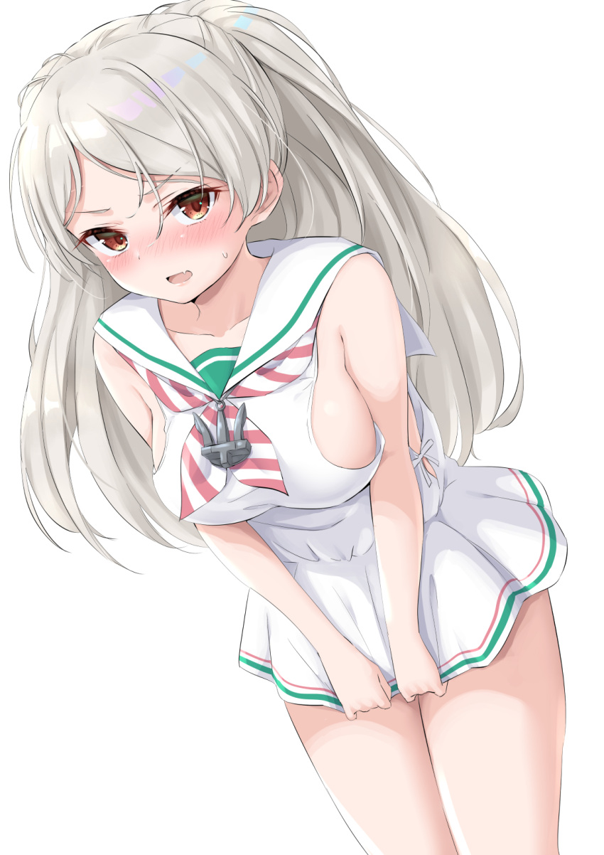 1girl, blush, breasts, brown_eyes, conte_di_cavour_(kancolle), cosplay, dress, embarrassed