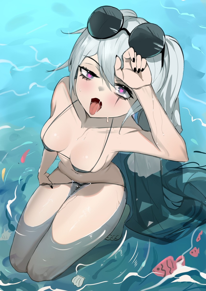 1girl, absurdres, alchemy_stars, arm_up, bangs, bikini, bikini_pull, black_bikini, black_nails, blush, breasts, breasts_apart, clothes_pull, collarbone, eyelashes, eyewear_on_head, fish, full_body, grey_eyes, grey_hair, heart, heart-shaped_pupils, highres, kneeling, long_hair, looking_at_viewer, looking_up, medium_breasts, navel, open_mouth, partially_submerged, scar, scar_across_eye, seashell, shading_eyes, shell, smokey_(alchemy_stars), string_bikini, sunglasses, swimsuit, symbol-shaped_pupils, tongue, tongue_out, twintails, very_long_hair, water, wet, xuxuxu