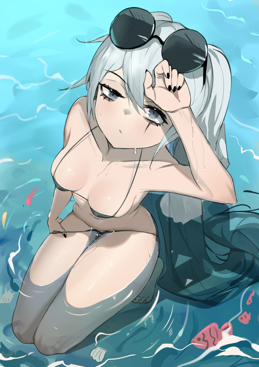 1girl, absurdres, alchemy_stars, arm_up, bangs, bikini, bikini_pull, black_bikini, black_nails, breasts, breasts_apart, closed_mouth, clothes_pull, collarbone, commentary_request, eyelashes, eyewear_on_head, fish, full_body, grey_eyes, grey_hair, highres, kneeling, long_hair, looking_at_viewer, looking_up, medium_breasts, navel, partially_submerged, scar, scar_across_eye, seashell, shading_eyes, shell, smokey_(alchemy_stars), string_bikini, sunglasses, swimsuit, twintails, very_long_hair, water, wet, xuxuxu