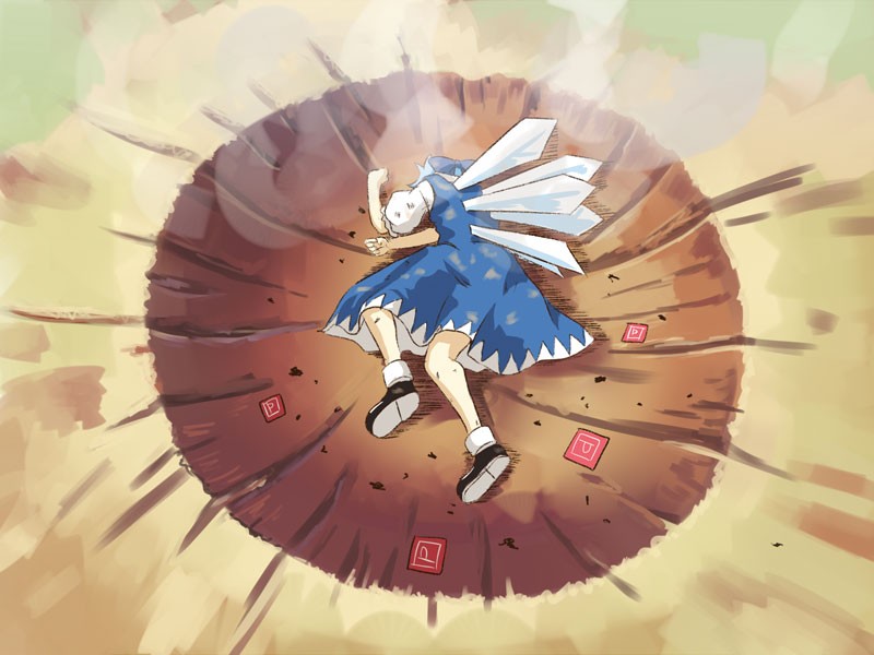 blue_hair, bow, cirno, dragon_ball, dragon_ball_z, hair_bow, hyuuga_azuri, parody, power-up, powerup, short_hair, solo, touhou, wings, yamcha_pose