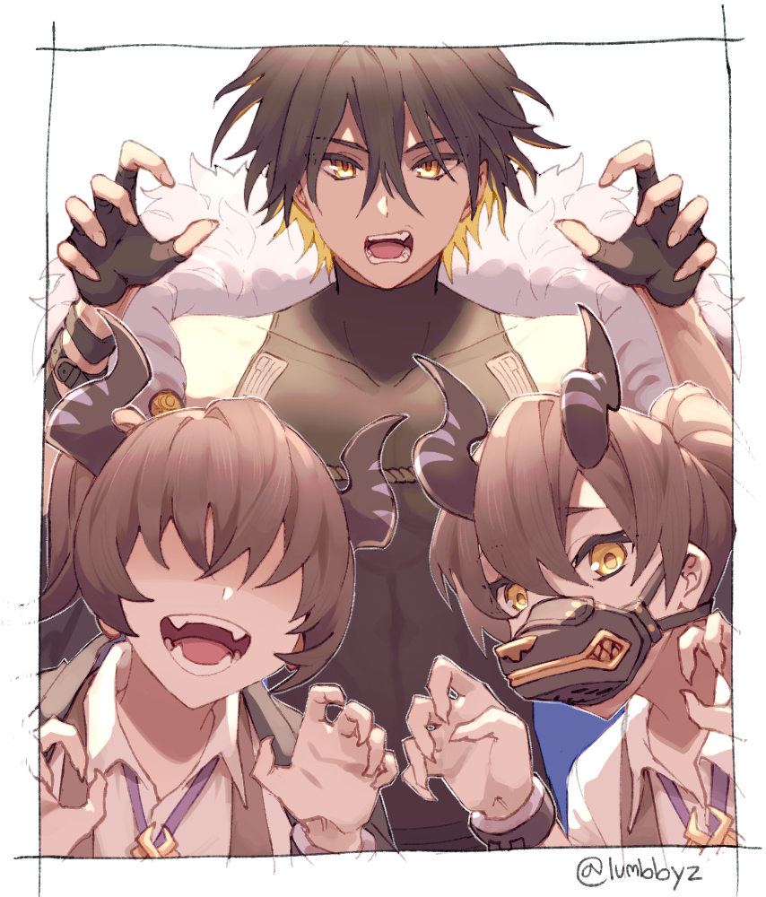 1boy, 2girls, alchemy_stars, bangs, belt, black_gloves, black_hair, border