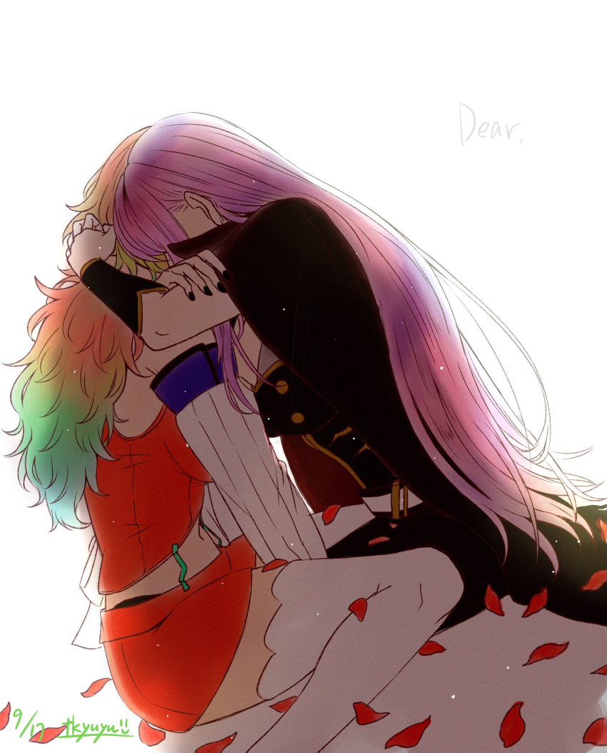 2girls, black_nails, couple, earrings, feather_earrings, feathers, gradient_hair, hand_on_another's_head