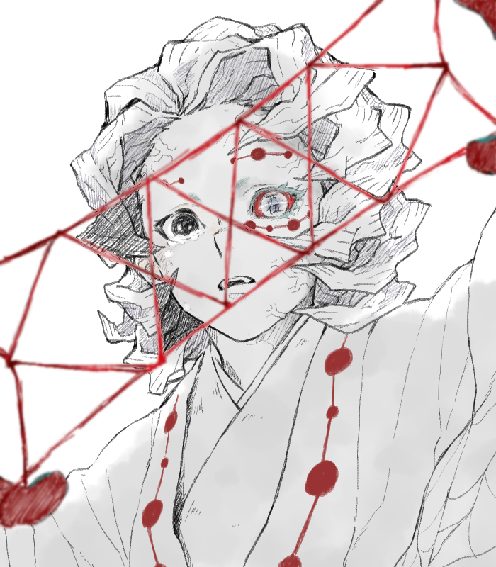 1boy, colored_sclera, colored_skin, kimetsu_no_yaiba, medium_hair, nico0923, open_mouth, red_sclera