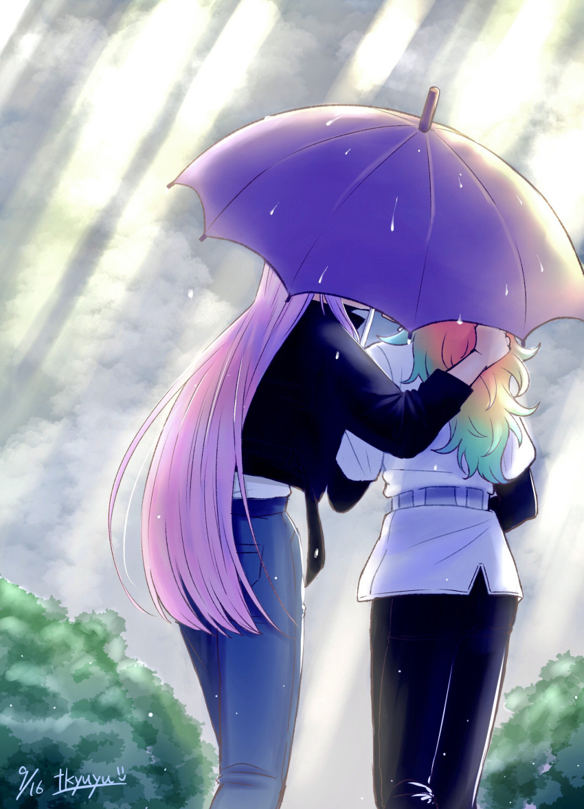 2girls, absurdres, alternate_costume, clouds, cloudy_sky, couple, earrings, feather_earrings