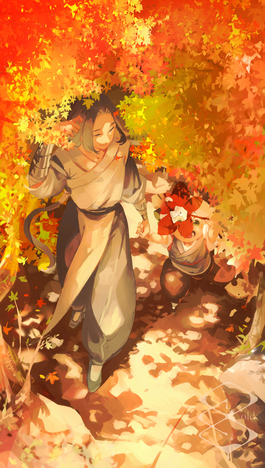 2boys, absurdres, age_difference, black_hair, child, dappled_sunlight, highres, holding_hands, huge_filesize, kobako_(12305991), leaf, long_hair, luoxiaohei, multiple_boys, shadow, short_hair, standing, sunlight, the_legend_of_luo_xiaohei, tree, white_hair, wide_shot, wuxian_(the_legend_of_luoxiaohei)
