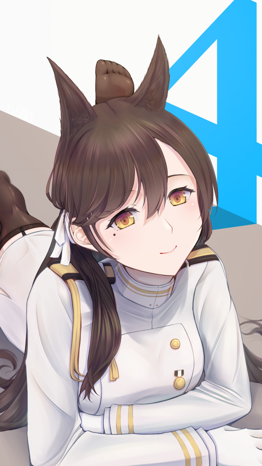 1girl, animal_ears, atago_(azur_lane), azur_lane, breasts, brown_hair, brown_legwear, ex_saki