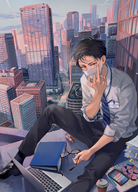 1boy, black_footwear, black_hair, building, collared_shirt, computer, cup, foot_out_of_frame, glasses, holding, holding_eyewear, jiwataneho, laptop, long_sleeves, male_focus, mask, middle_finger, mouth_mask, necktie, original, paper, phone, shirt, shoes, short_hair, solo, striped, striped_neckwear, white_mask, white_shirt