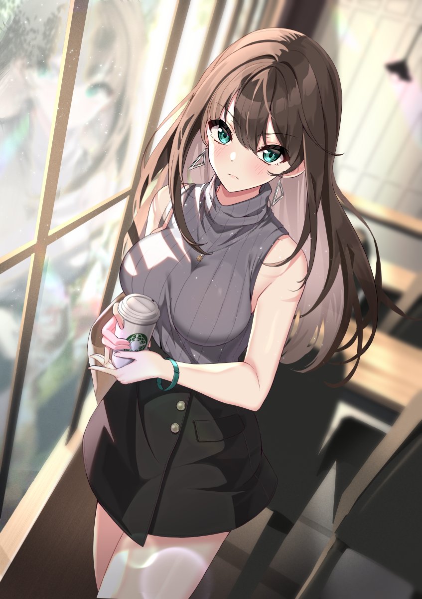1girl, armpit_crease, black_hair, black_skirt, blurry, blush, breasts, cowboy_shot