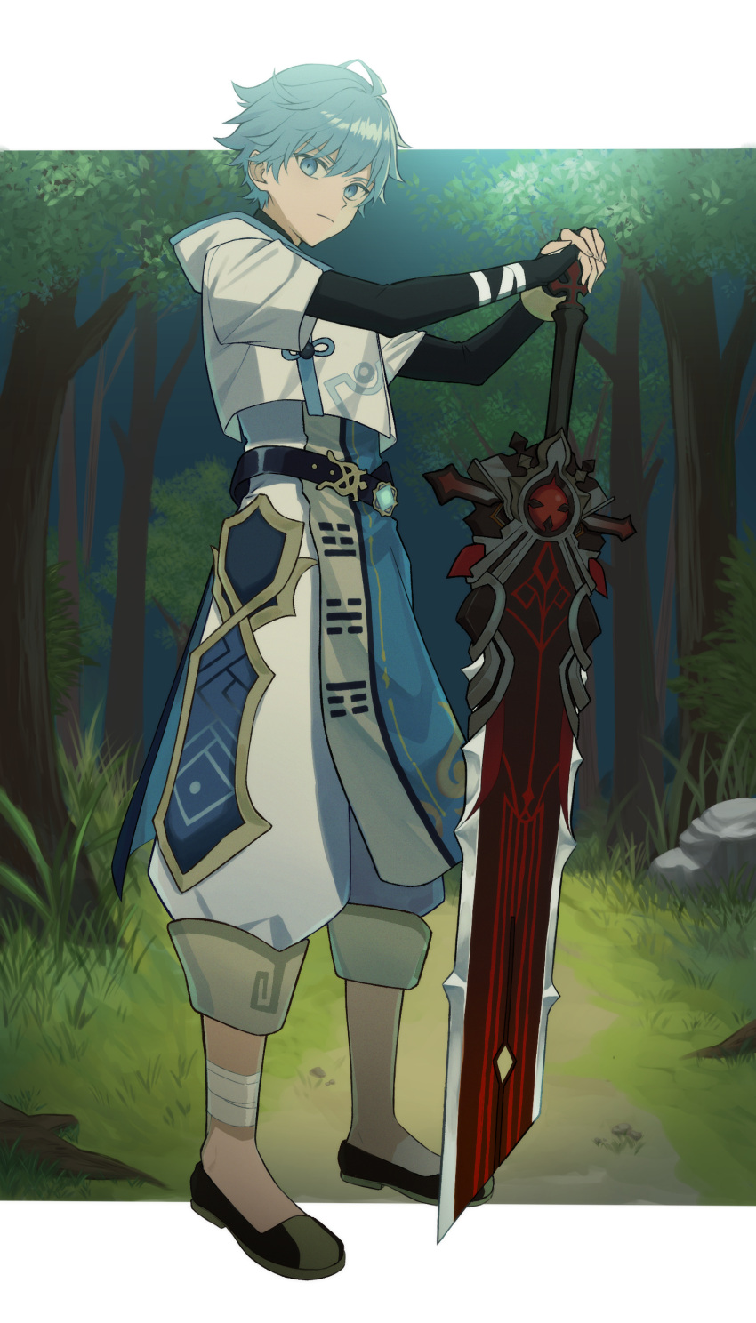 1boy, absurdres, ahoge, bandaged_leg, bandages, bangs, black_footwear, chongyun_(genshin_impact), closed_mouth, forest, full_body, genshin_impact, grass, greatsword, highres, holding, holding_sword, holding_weapon, hood, hood_down, light_blue_eyes, light_blue_hair, male_focus, nature, outdoors, rock, solo, standing, sword, tree, vision_(genshin_impact), wd_154, weapon