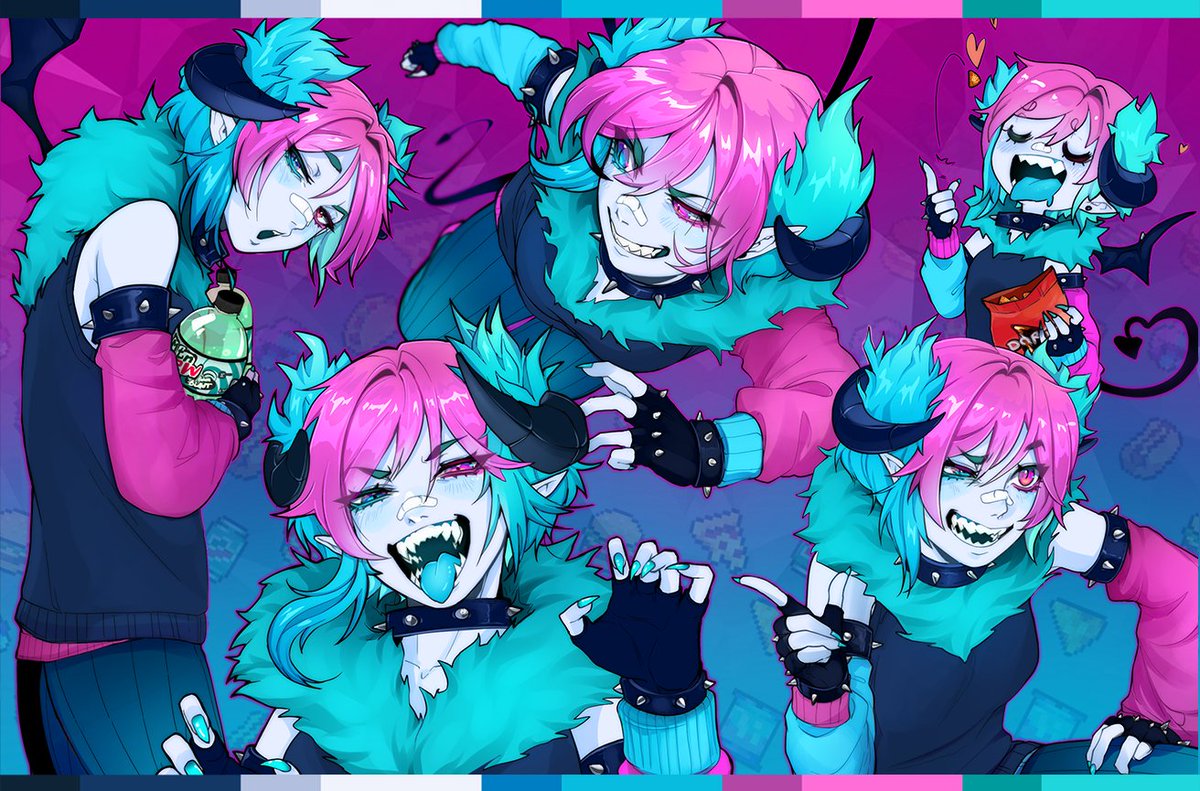 1girl, bandaid, bandaid_on_nose, bare_shoulders, blue_eyes, blue_hair, blue_tongue, bottle, bracelet, breasts, closed_eyes, collar, colored_tongue, demon_girl, demon_horns, demon_tail, demon_wings, detached_sleeves, doritos, eating, english_commentary, eyebrows_visible_through_hair, fingerless_gloves, food, fream_(vtuber), gloves, hair_between_eyes, heterochromia, holding, holding_bottle, holding_food, horns, indie_virtual_youtuber, jewelry, looking_at_viewer, mountain_dew, multiple_views, open_mouth, pink_eyes, pink_hair, pointy_ears, second-party_source, sharp_teeth, slit_pupils, small_breasts, soda_bottle, spiked_armlet, spiked_bracelet, spiked_collar, spikes, tail, teeth, tiredcatmom, tongue, virtual_youtuber, wings