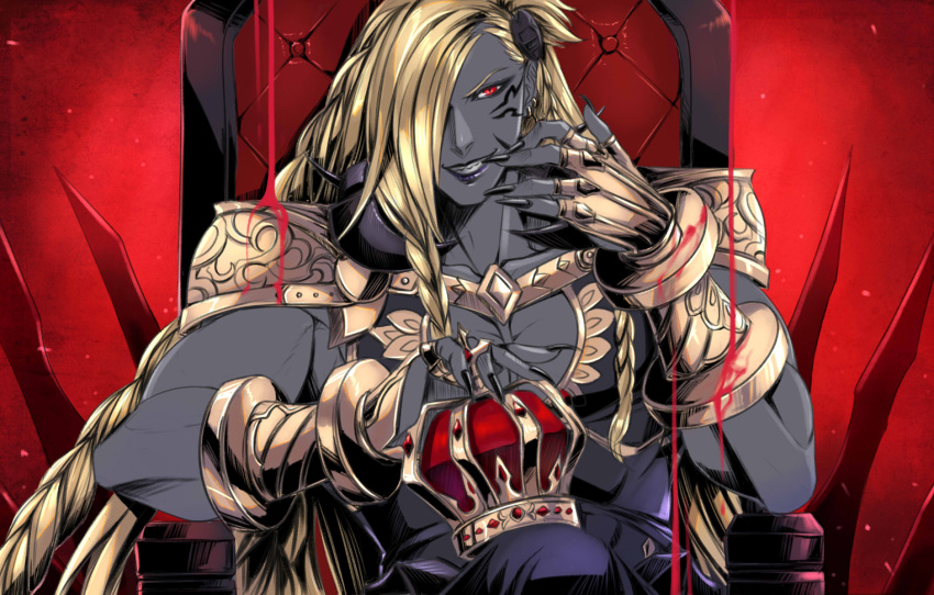 1boy, armor, beelzebub_(granblue_fantasy), black_nails, blonde_hair, braid, cleavage_cutout, clothing_cutout