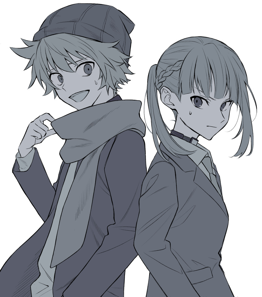 1boy, 1girl, bangs, beanie, braid, chidouin_sara, closed_mouth, collar