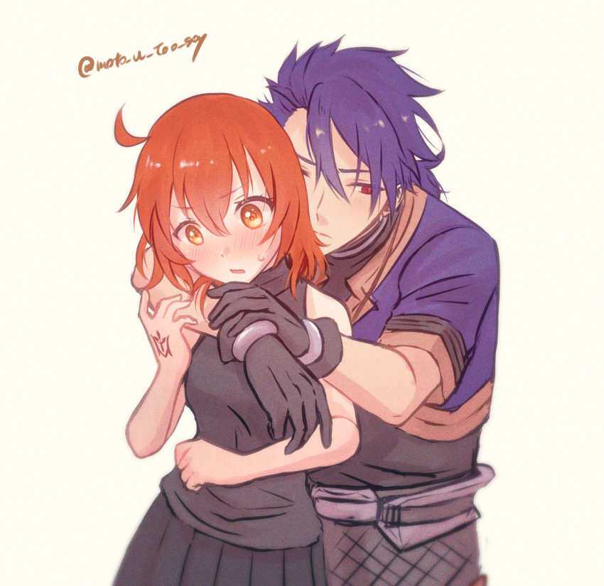1boy, 1girl, :o, ahoge, beige_background, black_gloves, black_shirt, blue_hair, blush, brown_hair, command_spell, couple, cu_chulainn_(fate), cu_chulainn_(fate/prototype), fate/grand_order, fate/prototype, fate_(series), fujimaru_ritsuka_(female), gloves, hetero, highres, hug, hug_from_behind, moto_u_toe_say, open_mouth, red_eyes, shirt, short_hair, twitter_username, upper_body, yellow_eyes