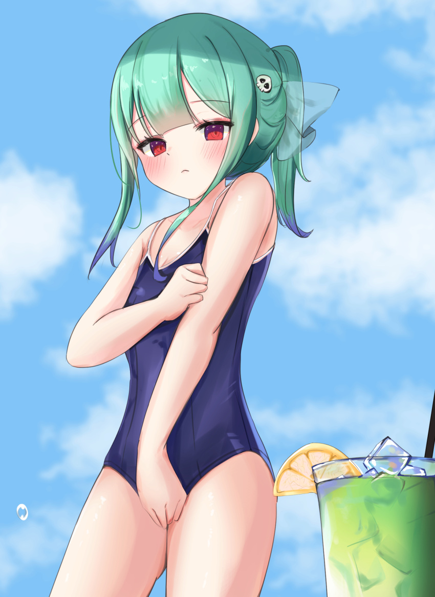 1girl, alternate_hairstyle, bangs, blue_hair, blue_sky, blue_swimsuit, blunt_bangs, blush