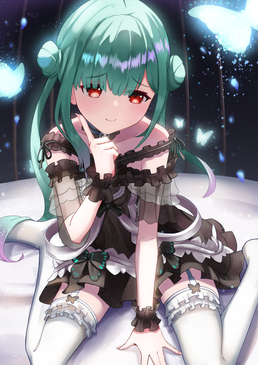 1girl, absurdres, arm_between_legs, arm_support, asymmetrical_hair, bare_shoulders, black_choker, black_dress, blush, choker, closed_mouth, collarbone, double_bun, dress, eyebrows_visible_through_hair, finger_to_cheek, flat_chest, frilled_dress, frilled_legwear, frilled_straps, frills, full_body, garter_straps, gradient_hair, highres, hololive, index_finger_raised, lace, lace_choker, long_hair, looking_at_viewer, medium_hair, multicolored_hair, navel, nm_hao, off-shoulder_dress, off_shoulder, on_bed, pink_hair, red_eyes, see-through_sleeves, short_dress, short_sleeves, sidelocks, sitting, smile, solo, thigh-highs, twintails, uneven_twintails, uruha_rushia, virtual_youtuber, wariza, white_garter_straps, white_legwear, wristband