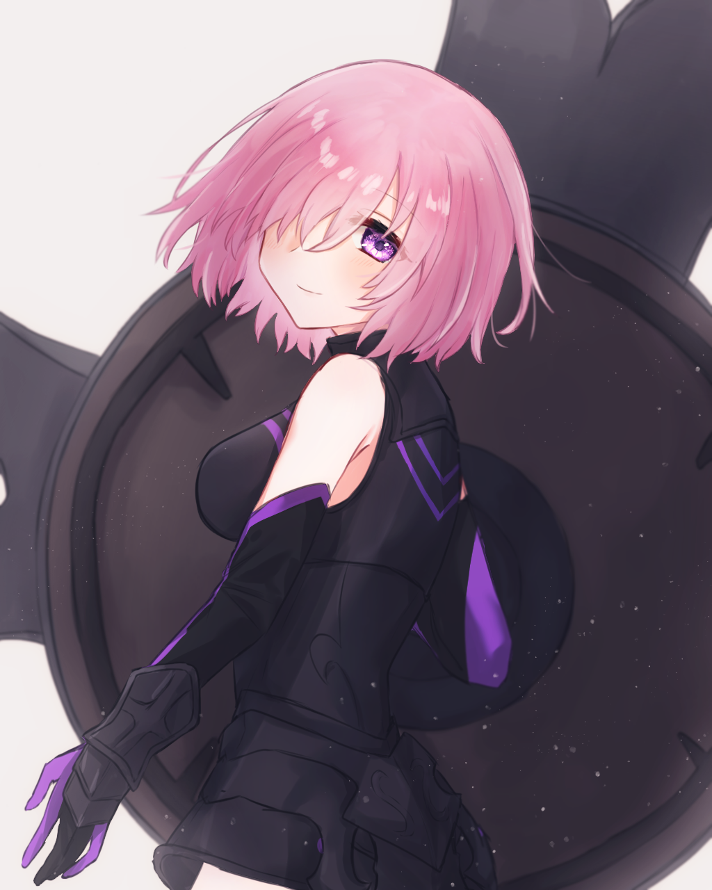 0331haru, 1girl, armor, bare_shoulders, black_armor, blush, boobplate, closed_mouth, commentary_request, detached_sleeves, eyebrows_visible_through_hair, fate/grand_order, fate_(series), gauntlets, hair_over_one_eye, harukappa, highres, holding, holding_shield, holding_weapon, looking_at_viewer, mash_kyrielight, one_eye_covered, pink_hair, shield, shielder_(fate/grand_order), short_hair, smile, solo, violet_eyes, weapon, white_background
