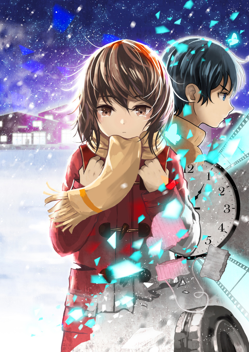 1boy, 1girl, black_hair, blue_eyes, boku_dake_ga_inai_machi, brown_eyes, brown_hair, brown_sweater