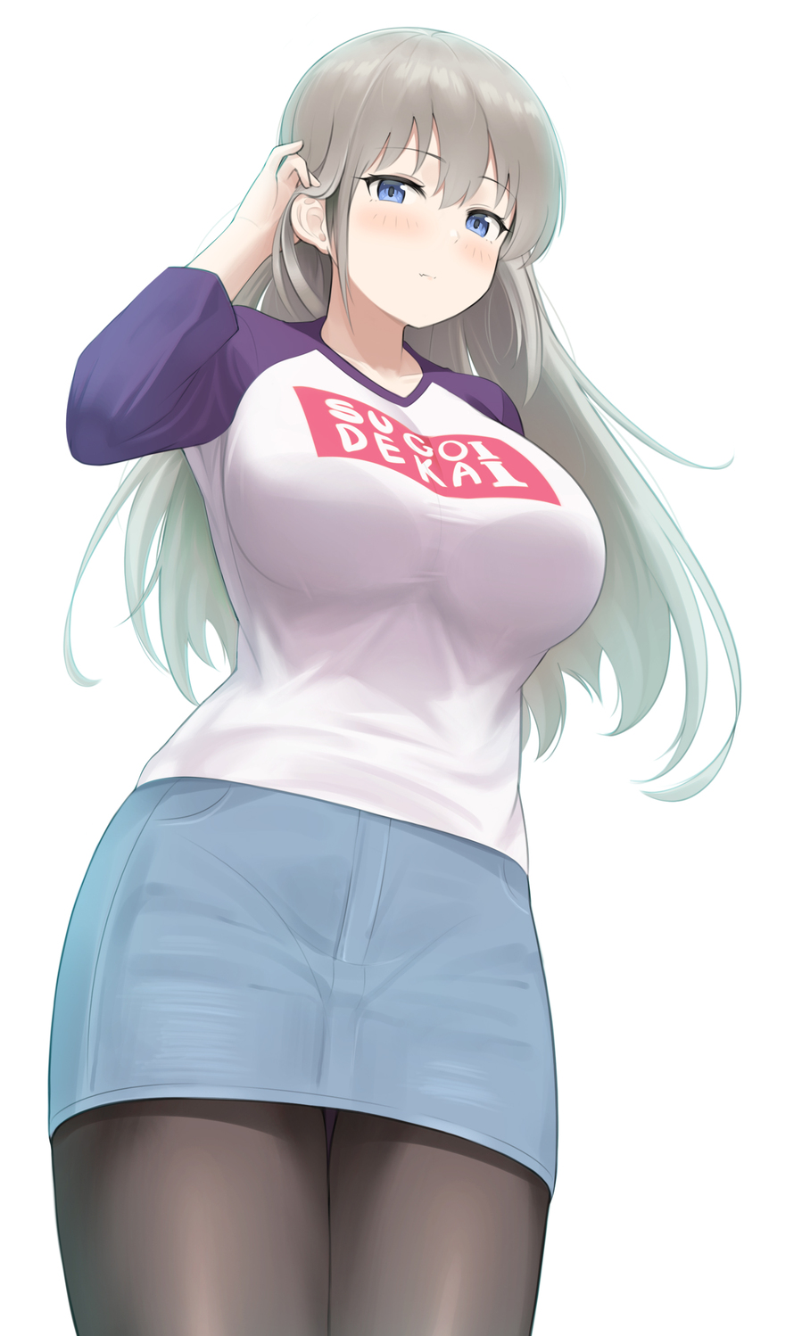 1girl, alternate_hair_length, alternate_hairstyle, bangs, black_legwear, blue_eyes, blue_shirt, blue_skirt